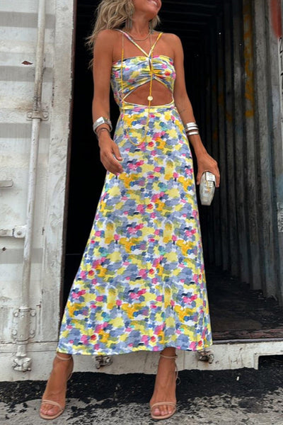 Sara® | Casual Geometric Print Dresses Backless Contrast V Neck Single Tier Skirt (Two Ways to Wear)