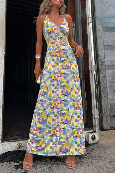 Sara® | Casual Geometric Print Dresses Backless Contrast V Neck Single Tier Skirt (Two Ways to Wear)