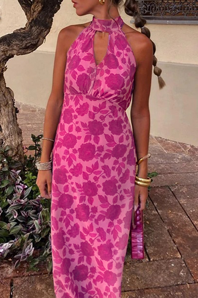 Camila® | Sexy Celebrity Dresses Floral Print Backless Halter Neck One Tier Skirt