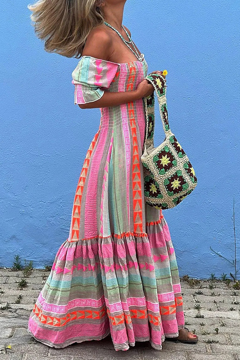 Eliana® | Casual A-line dresses with contrast boho geometric print and square neckline
