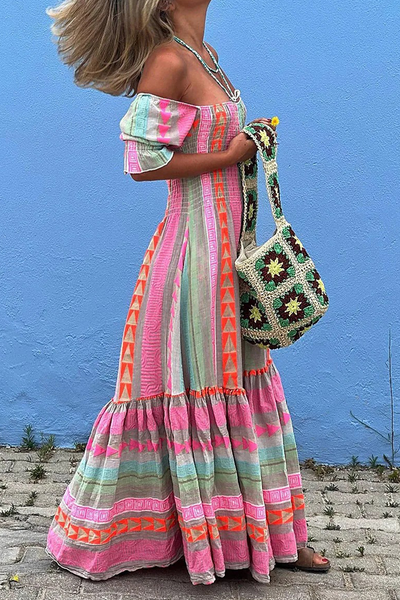 Eliana® | Casual A-line dresses with contrast boho geometric print and square neckline