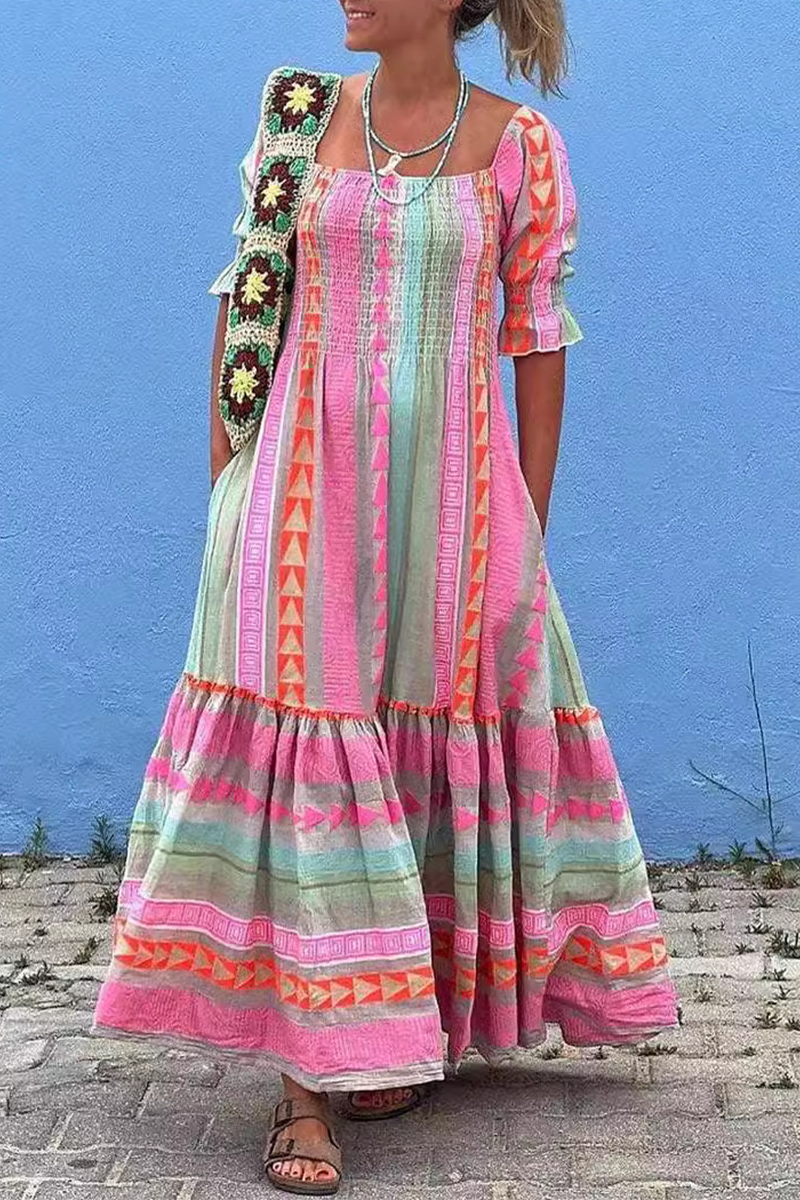 Eliana® | Casual A-line dresses with contrast boho geometric print and square neckline