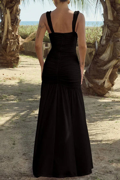 Eva® | Sexy Casual Solid Color Backless Slit Ruched Spaghetti Strap Long Dresses