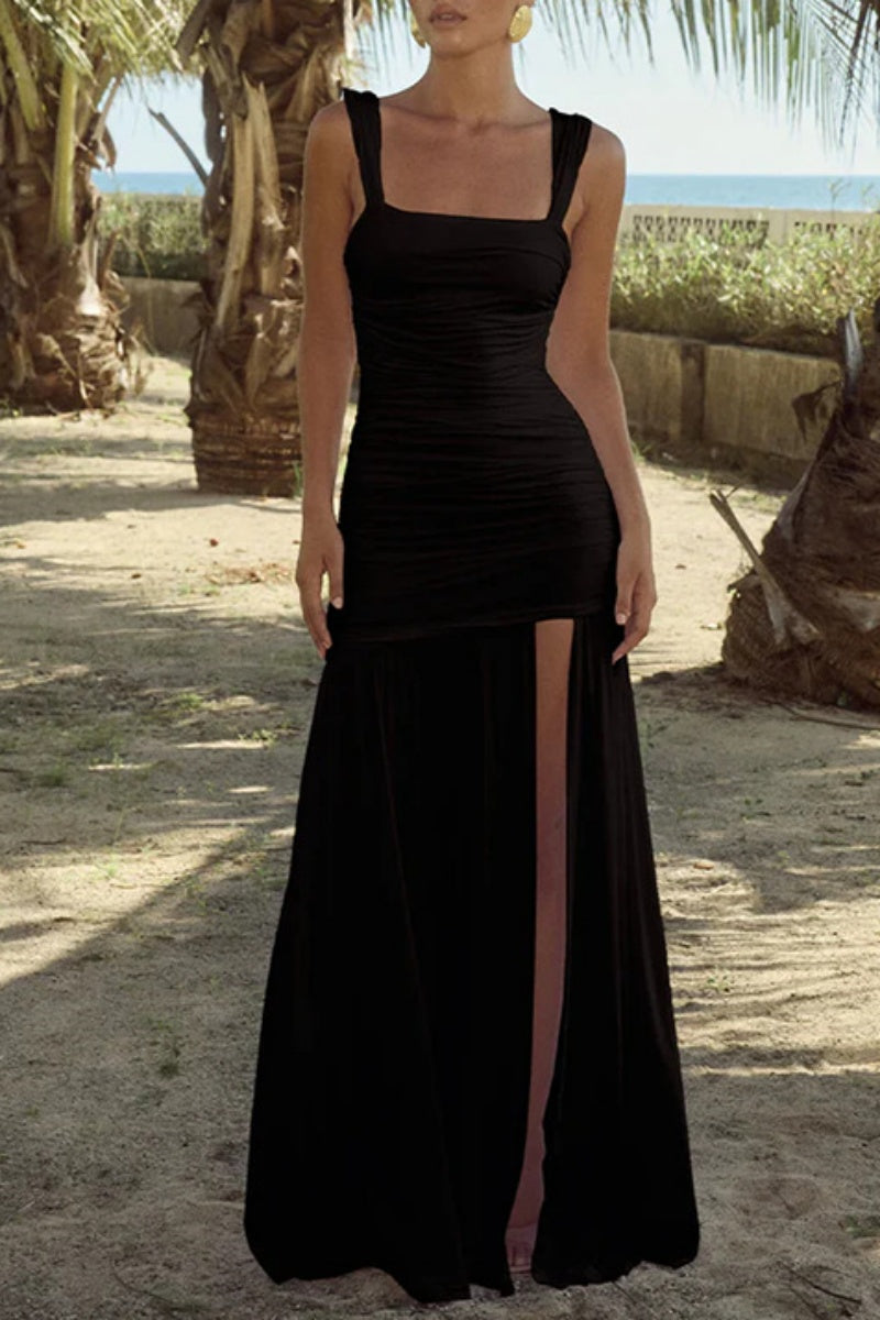 Eva® | Sexy Casual Solid Color Backless Slit Ruched Spaghetti Strap Long Dresses