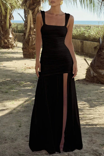 Eva® | Sexy Casual Solid Color Backless Slit Ruched Spaghetti Strap Long Dresses