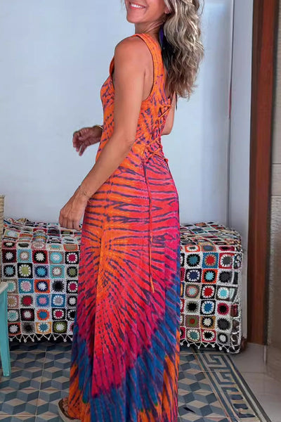 Aurora® | Sexy holiday dresses with tie-dye print and strap design and contrast scoop neckline