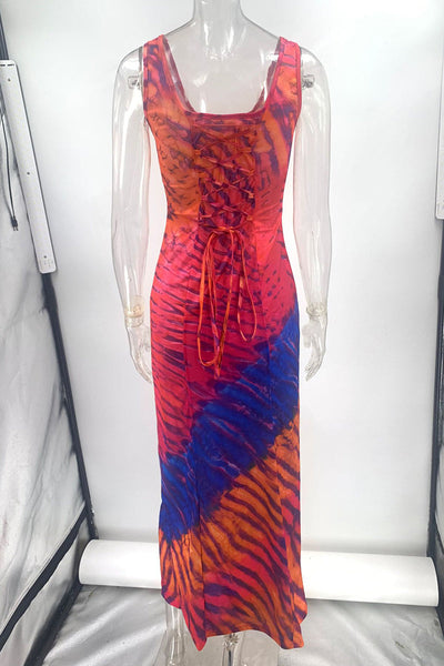 Aurora® | Sexy holiday dresses with tie-dye print and strap design and contrast scoop neckline