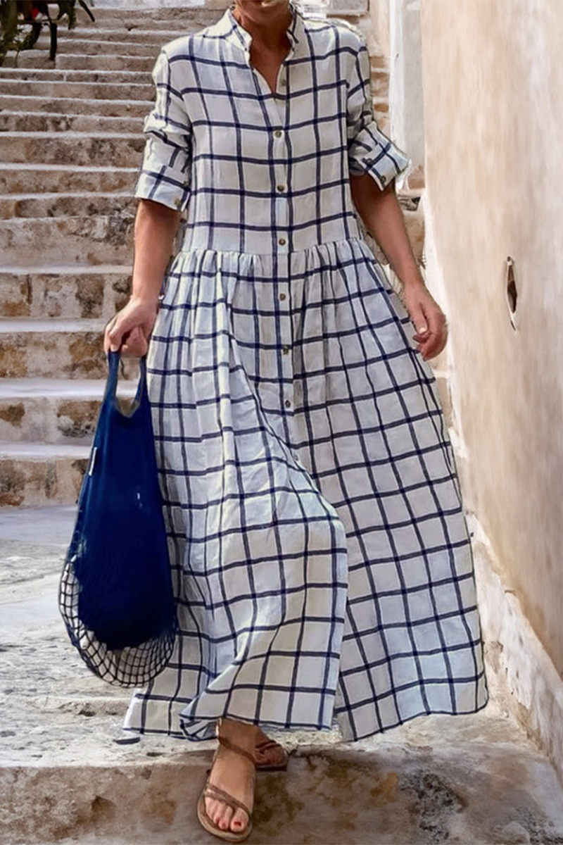 Isabella® | Casual long-sleeved dresses with street plaid buckle and turn-down collar