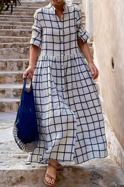 Isabella® | Casual long-sleeved dresses with street plaid buckle and turn-down collar