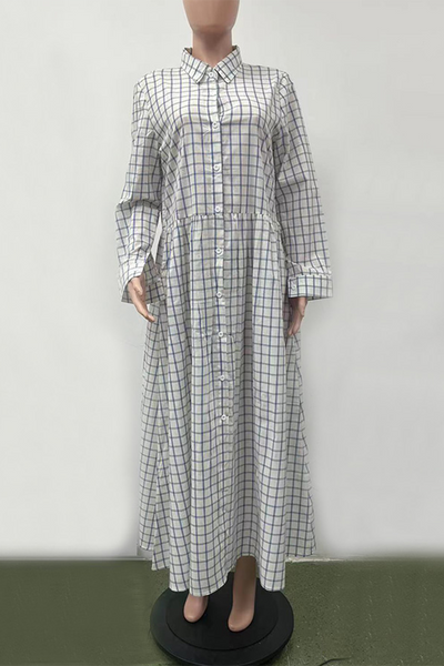 Isabella® | Casual long-sleeved dresses with street plaid buckle and turn-down collar
