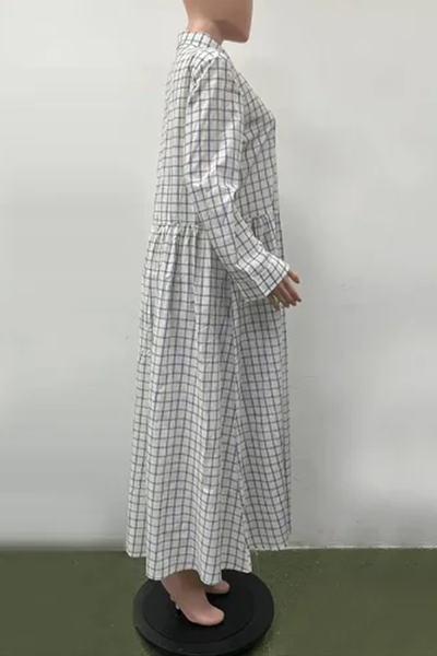 Isabella® | Casual long-sleeved dresses with street plaid buckle and turn-down collar