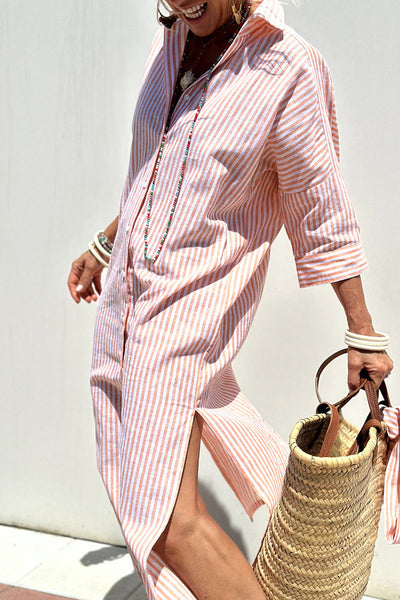 Giselle® | Casual Plaid Striped Snap Buttons Belted Turn-Down Collar Shirt Dresses (5 Colors)