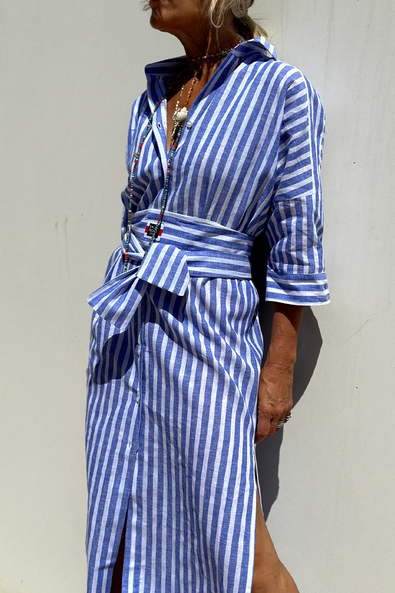 Giselle® | Casual Plaid Striped Snap Buttons Belted Turn-Down Collar Shirt Dresses (5 Colors)