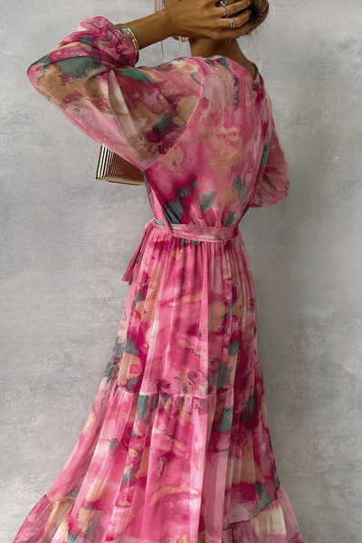 Allegra® | Elegant A-line dresses with gradient print, lace-up, ruffles and V-neck