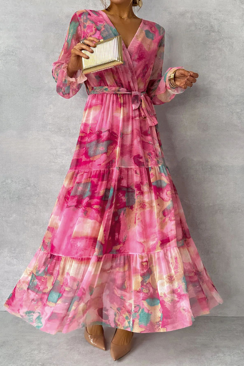 Allegra® | Elegant A-line dresses with gradient print, lace-up, ruffles and V-neck