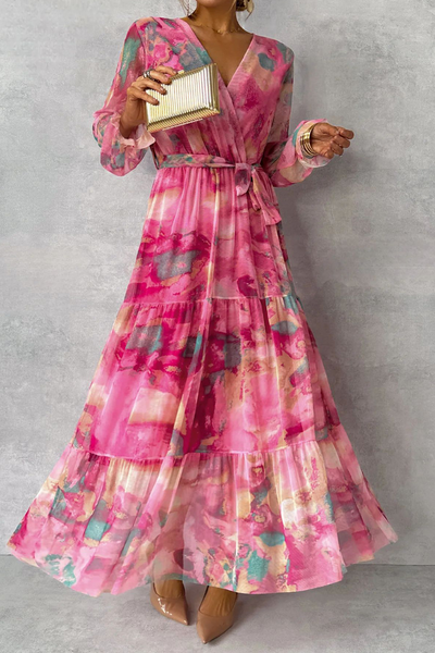 Allegra® | Elegant A-line dresses with gradient print, lace-up, ruffles and V-neck