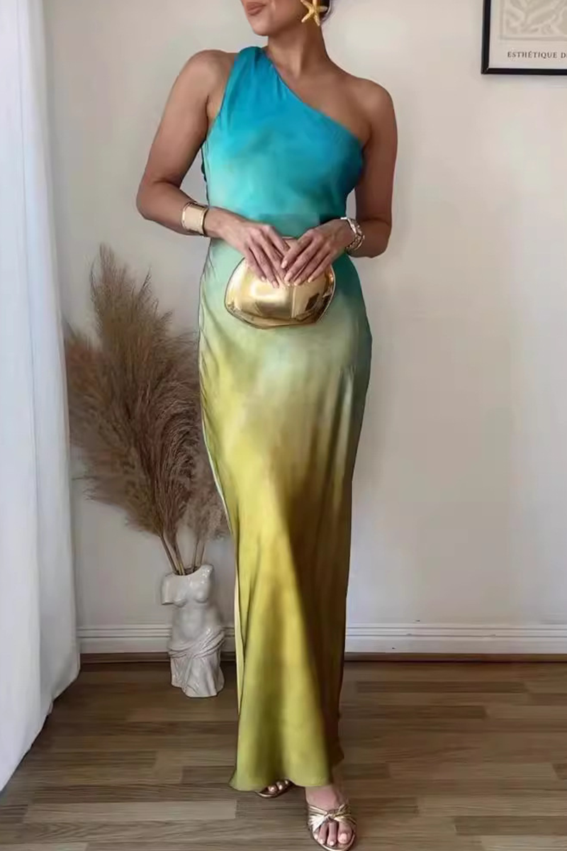 Tamsin® | Sexy gradient print dresses, backless, contrast, slanted shoulder, single tier skirt