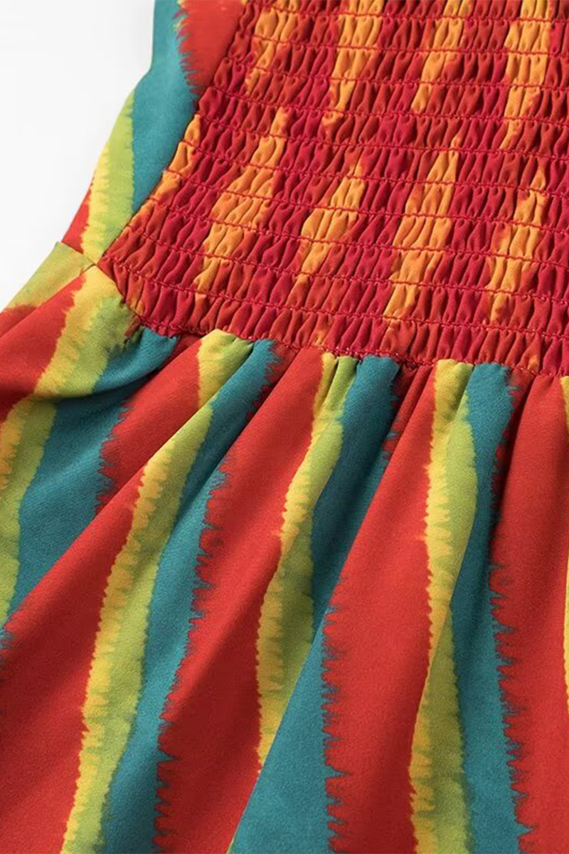 Soleil® | Elegant sling dresses with striped patchwork contrast and V-neck
