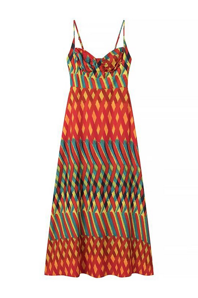 Soleil® | Elegant sling dresses with striped patchwork contrast and V-neck