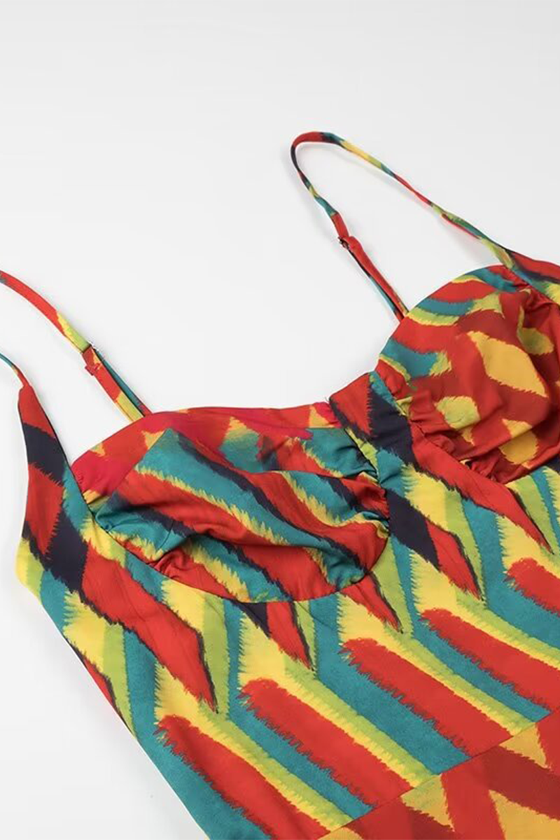 Soleil® | Elegant sling dresses with striped patchwork contrast and V-neck