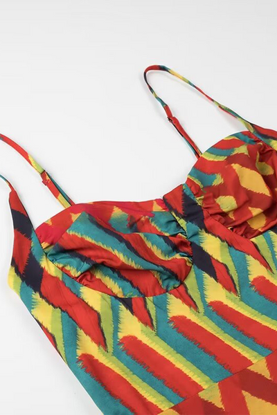 Soleil® | Elegant sling dresses with striped patchwork contrast and V-neck
