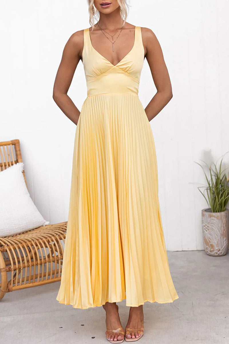 Olivia® | Sexy solid color pleated V-neck sleeveless dresses