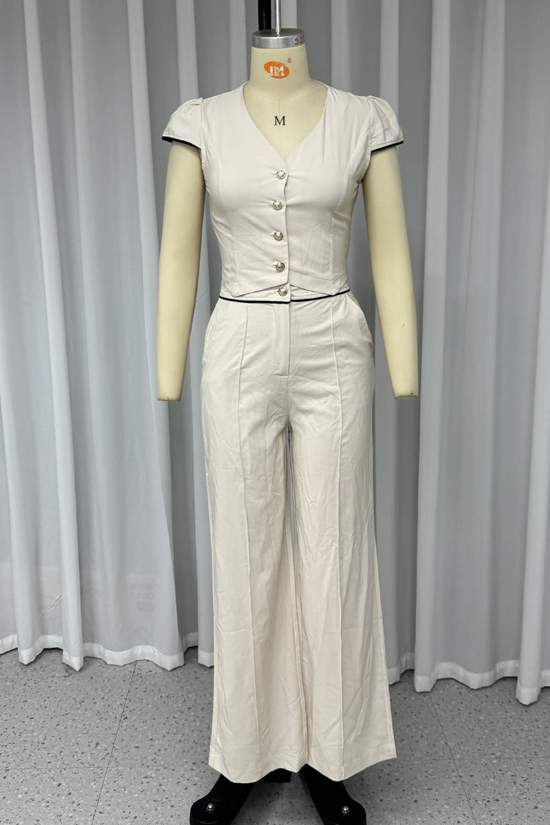 Luzia® | Casual solid color pocket buttons V-neck short sleeve two-piece suit