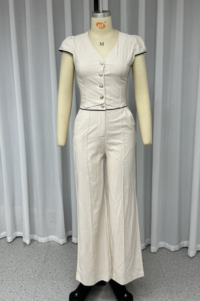 Luzia® | Casual solid color pocket buttons V-neck short sleeve two-piece suit