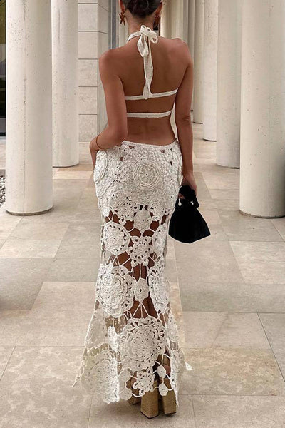 Selene® | Sexy solid color hollow out lace up backless halter dresses with a skirt