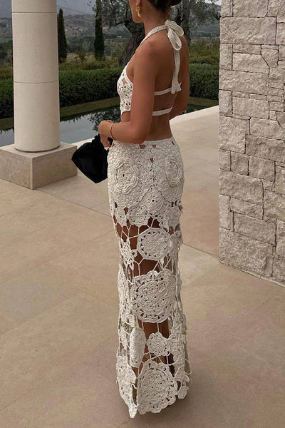 Selene® | Sexy solid color hollow out lace up backless halter dresses with a skirt