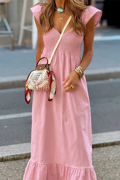 Cassandra® | Casual solid color A-line dresses with ruffles and V-neck