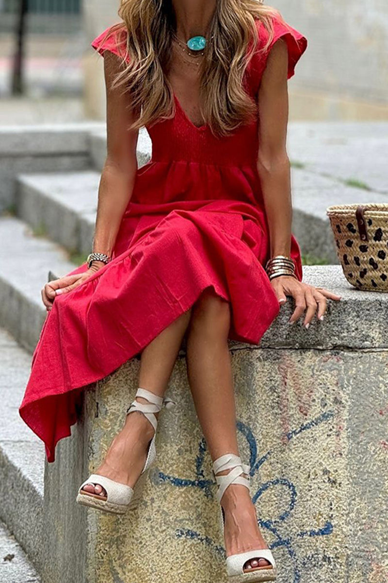 Cassandra® | Casual solid color A-line dresses with ruffles and V-neck