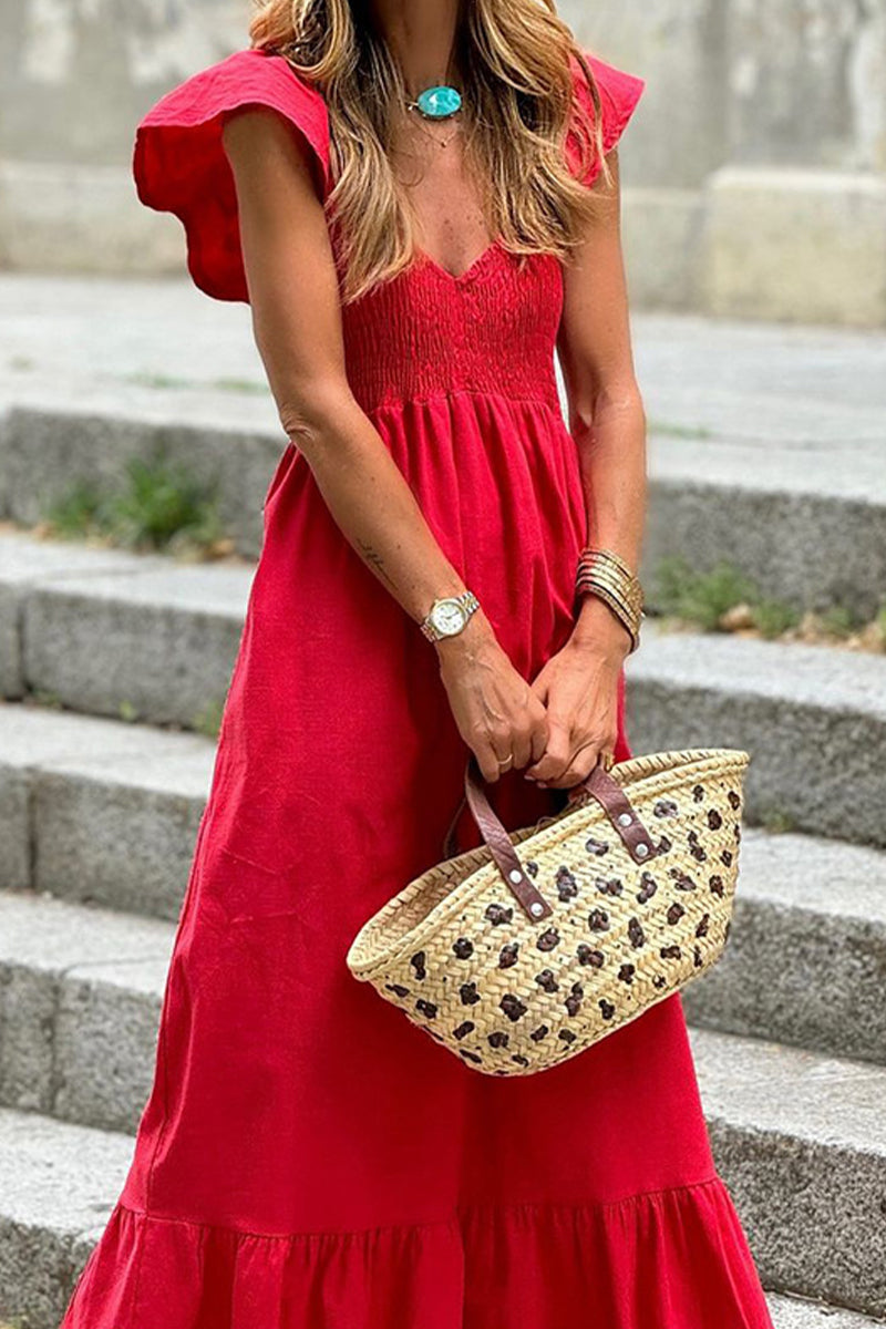 Cassandra® | Casual solid color A-line dresses with ruffles and V-neck