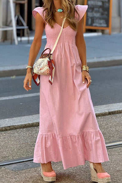 Cassandra® | Casual solid color A-line dresses with ruffles and V-neck
