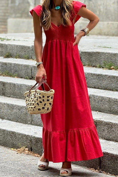 Cassandra® | Casual solid color A-line dresses with ruffles and V-neck