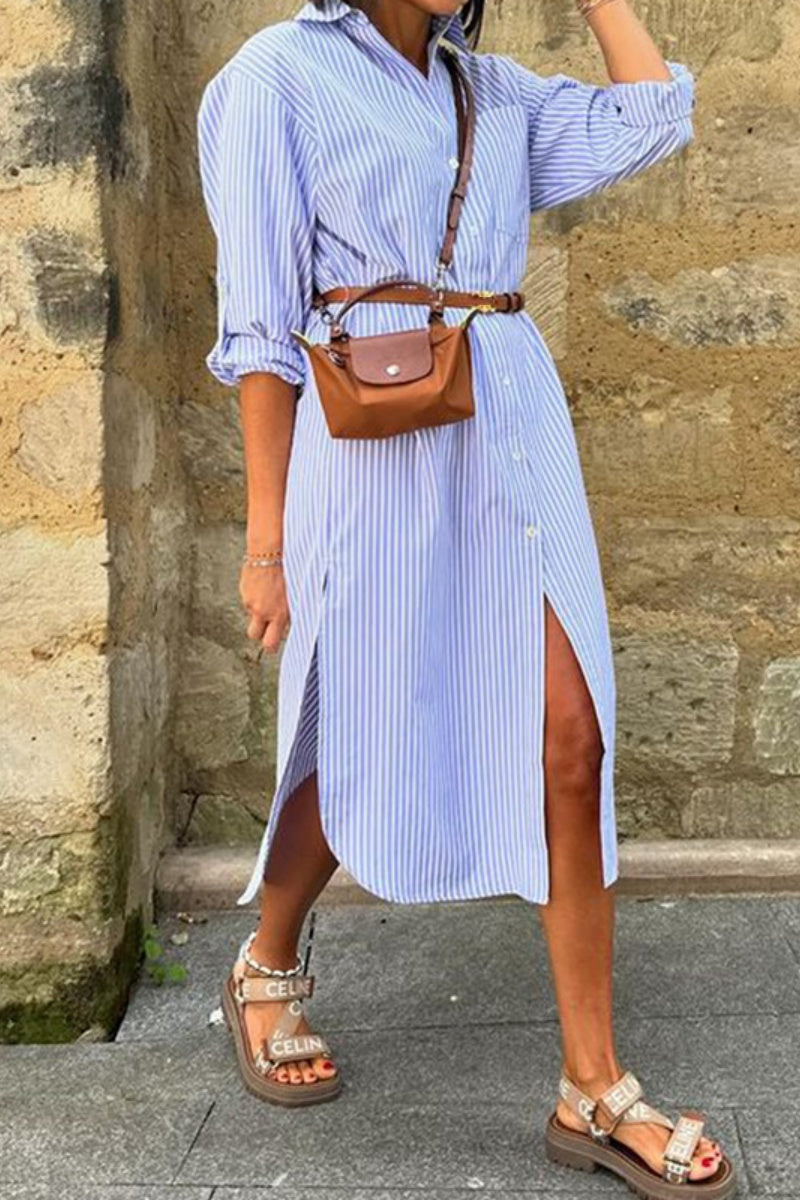 Cecilia® | Casual, striped shirt dresses with buttons, slit and turn-down collar (without belt)