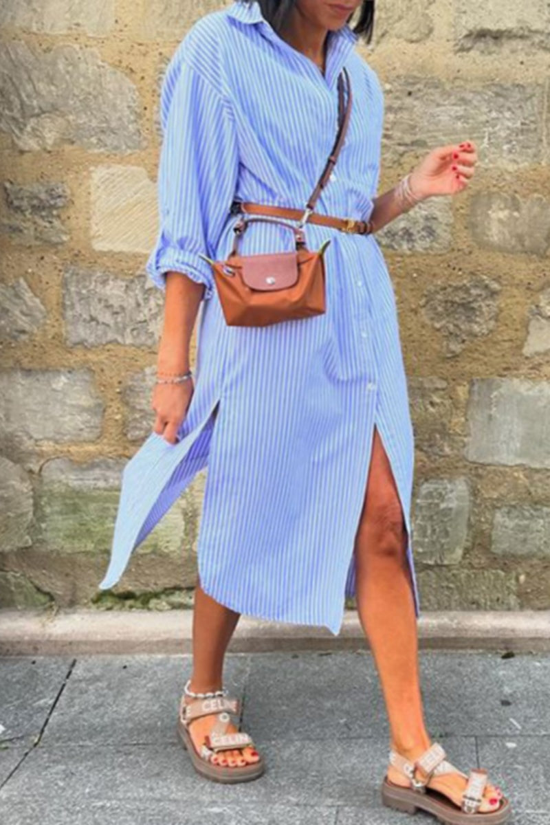 Cecilia® | Casual, striped shirt dresses with buttons, slit and turn-down collar (without belt)