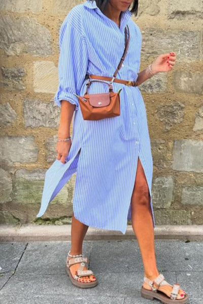 Cecilia® | Casual, striped shirt dresses with buttons, slit and turn-down collar (without belt)