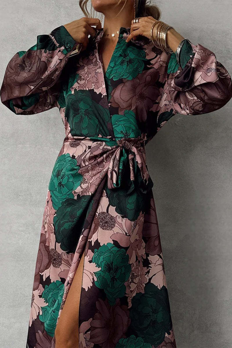 Jimena® | Daily elegant floral print lace-up shirt dresses with slit and turn-down collar