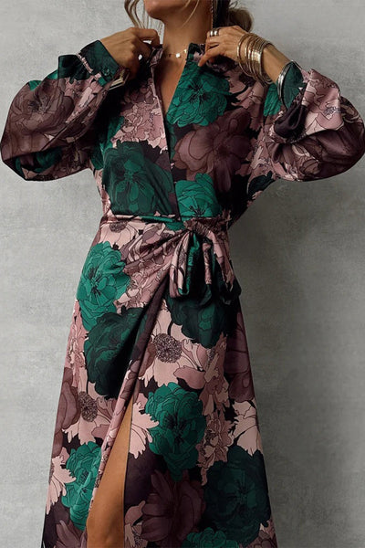 Jimena® | Daily elegant floral print lace-up shirt dresses with slit and turn-down collar