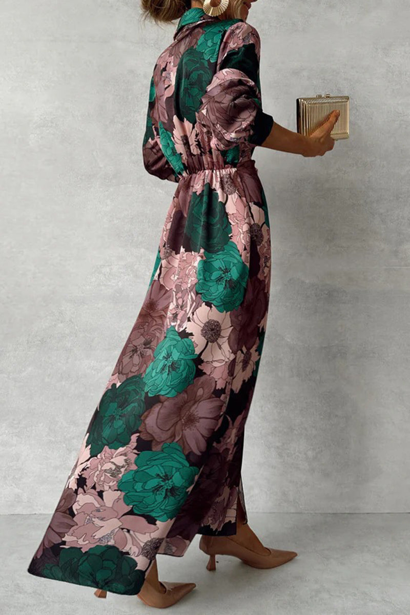 Jimena® | Daily elegant floral print lace-up shirt dresses with slit and turn-down collar