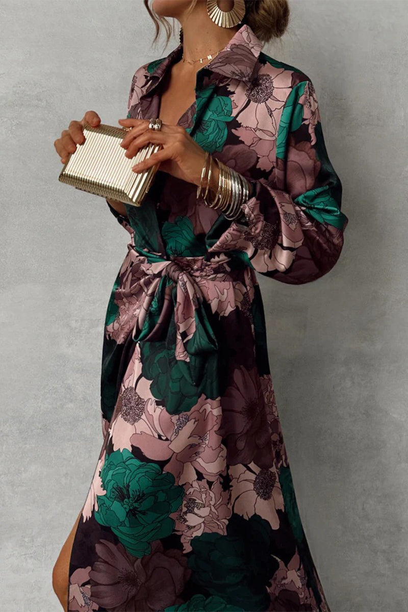Jimena® | Daily elegant floral print lace-up shirt dresses with slit and turn-down collar