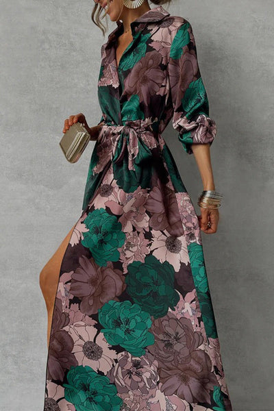 Jimena® | Daily elegant floral print lace-up shirt dresses with slit and turn-down collar