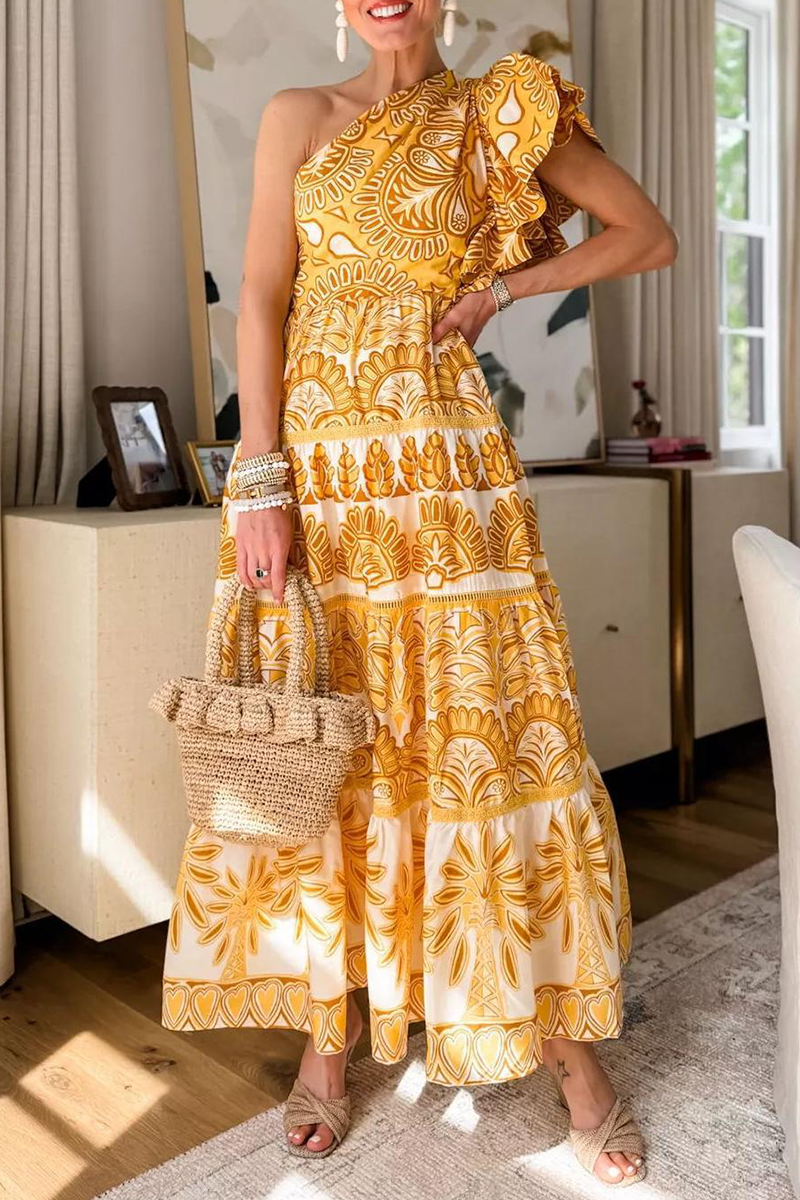 Fatima® | Elegant irregular dresses with floral print, ruffles and slanted shoulder