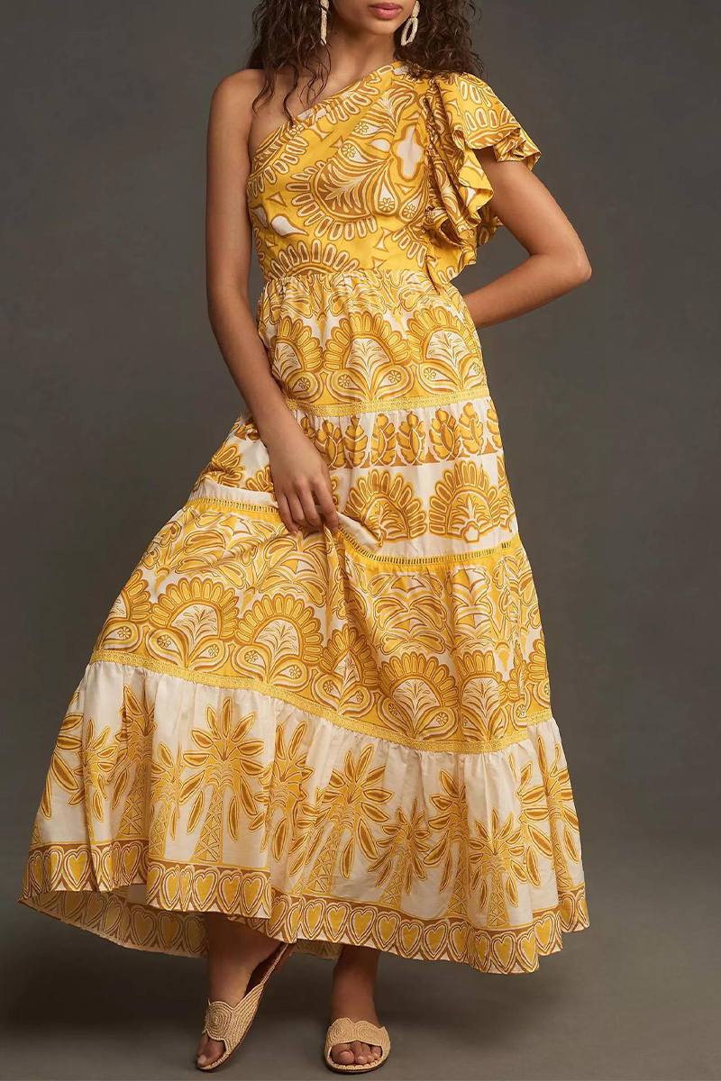 Fatima® | Elegant irregular dresses with floral print, ruffles and slanted shoulder