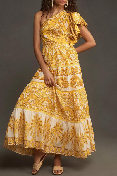 Fatima® | Elegant irregular dresses with floral print, ruffles and slanted shoulder