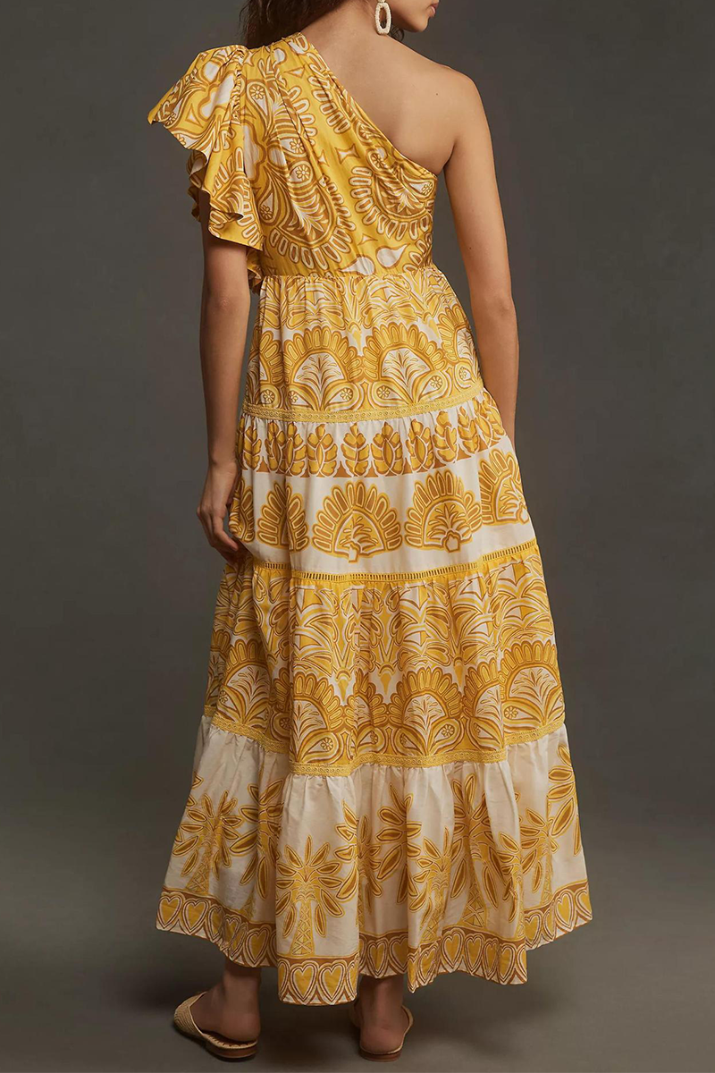 Fatima® | Elegant irregular dresses with floral print, ruffles and slanted shoulder