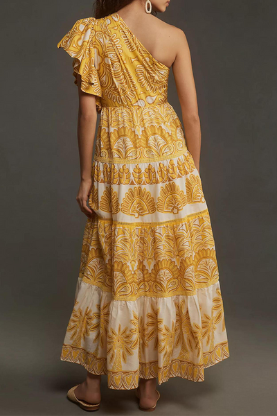 Fatima® | Elegant irregular dresses with floral print, ruffles and slanted shoulder