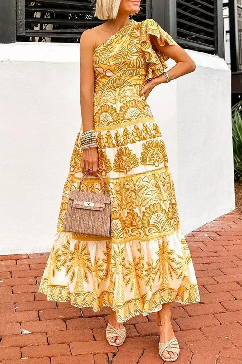 Fatima® | Elegant irregular dresses with floral print, ruffles and slanted shoulder