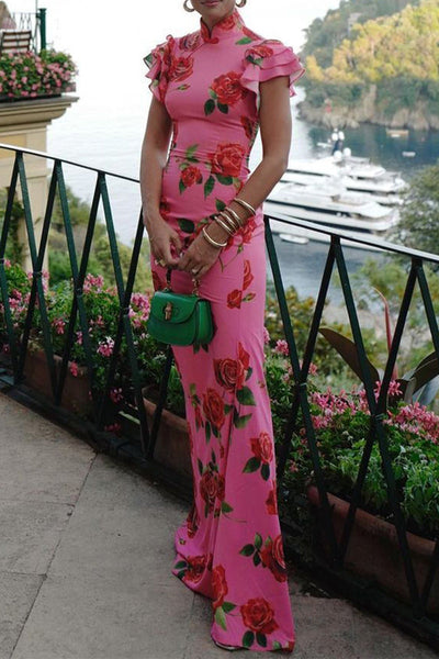 Florencia® | Daily Elegant Floral Button Ruffle Mandarin Collar One Step Skirt Dresses